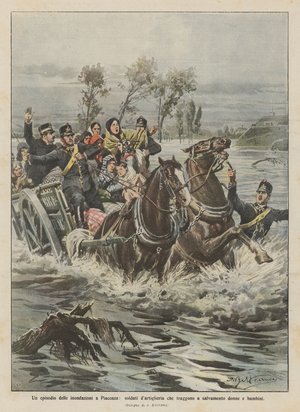 An episode of the floods in Piacenza, artillery soldiers who rescue women and children (colour litho)