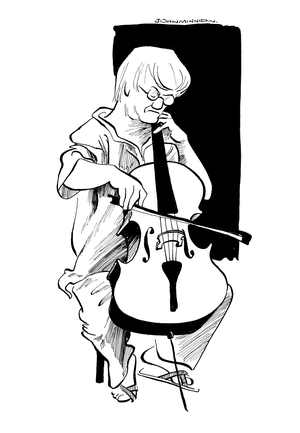 Caricature of a cellist playing a cello