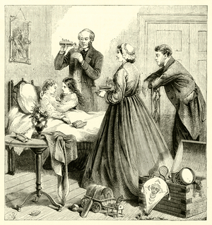Doctor preparing medicine for a sick boy (engraving)