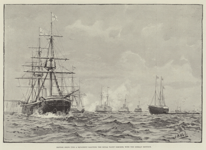 British Ships (The A Squadron) saluting the Royal Yacht Osborne, with the German Emperor (litho)