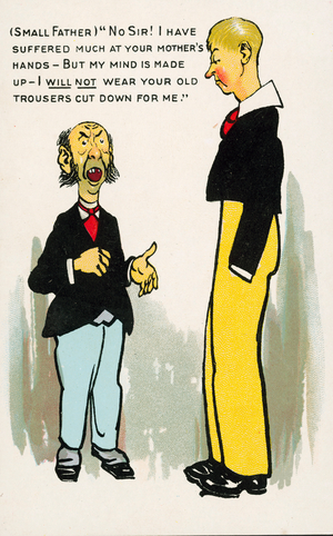 Short father refusing to wear his tall son's cut down second hand trousers (chromolitho)