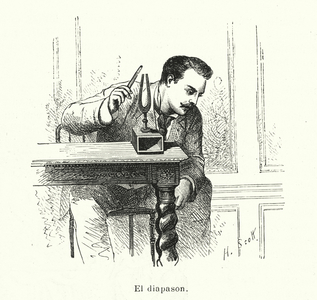 Man using a tuning fork (litho)
