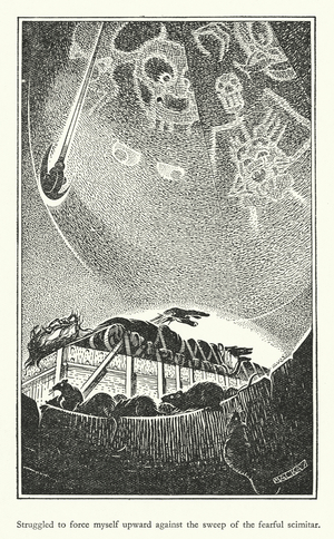 Struggled to force myself upward against the sweep of the fearful scimitar (litho)