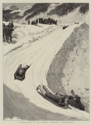 Tobogganing at St Moritz, Engadine, Switzerland (engraving)