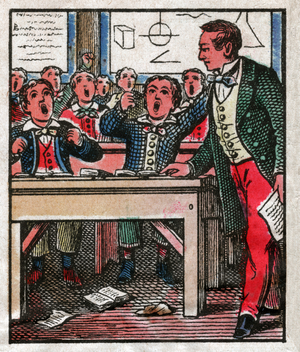 Teacher's swift: bad student in class. Education of a gate child using the swift (whip). circa 1880 (Epinal print)