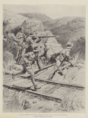 With Sir Redvers Buller's Force, Mounted Infantry driving Boers from the Railway (litho)