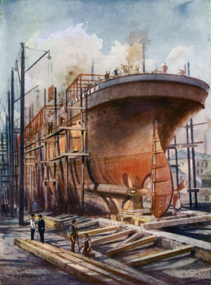 A ship on the stocks (colour litho)