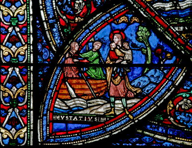 Window w21 depicting a scene from the life of St Eustache: the boatmen takes his wife (stained glass)