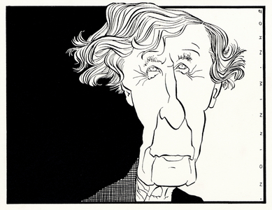 Caricature of  Tippett by John Minnion looking very elderly