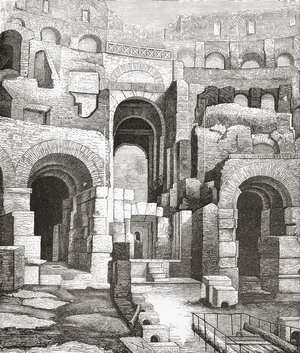 Interior of The Colosseum, Rome, Italy since the 1874 excavations.  From Italian Pictures by Rev. Samuel Manning, published c.1890.