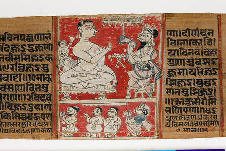 Vimalaprava converses with Raji and Lakshmi, c.1300 (opaque w/c on palm leaf)