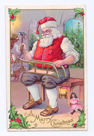 Edwardian Christmas postcard of Father Christmas sitting on a stool and hammering a nail through a sledge, c.1910 (colour litho)