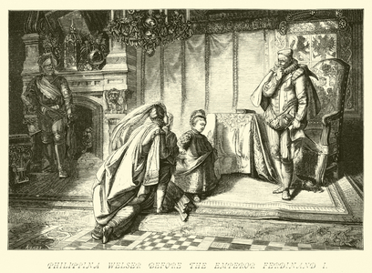 Philippina Welser before the Emperor Ferdinand I (engraving)