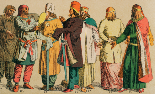 Near East, Parthians, From left to right; 23: Parthian of lower class, 24-25: higher class Parthians, 27-28-29: Parthian royal garment (colour litho)