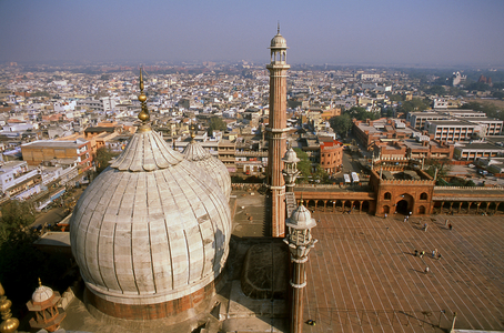 India: The domes of the Jama Masjid, India's largest mosque overlooking Old Delhi