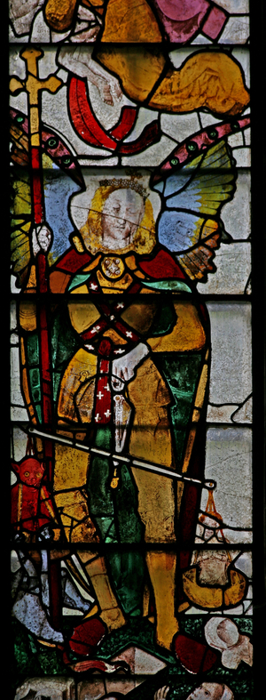 Window Ww depicting a scene from the Last Judgement: St Michael and other details (stained glass)