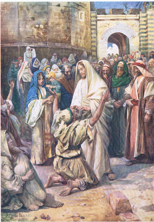 Blind Bartimaeus, from The Bible Picture Book published by Thomas Nelson, c.1950 (colour litho)