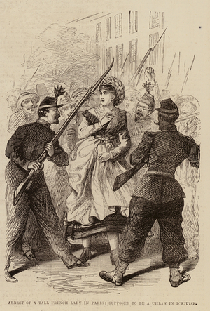 Arrest of a tall French lady in Paris, supposed to be a Uhlan in disguise (engraving)