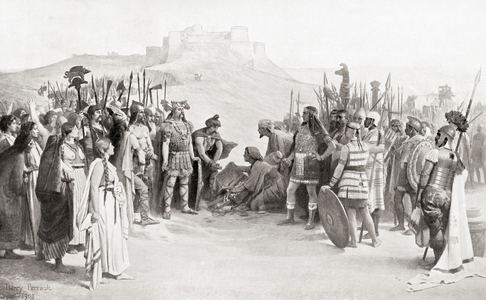 The meeting of Hannibal with the Ceutrones, a Celtic tribe of ancient Gaul, during his crossing of the Alps in 218 BC, from Hutchinson's History of the Nations, pub.1915