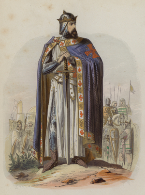 Godfrey of Bouillon, Frankish leader of the First Crusade and first ruler of the Kingdom of Jerusalem (coloured engraving)