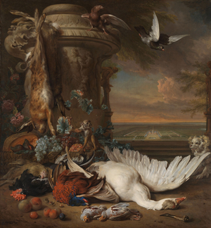 Hunting and Fruit Still Life next to a Garden Vase, 1714 (oil on canvas)