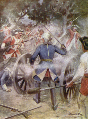 Attacking to French guns at Kaveripak (colour litho)