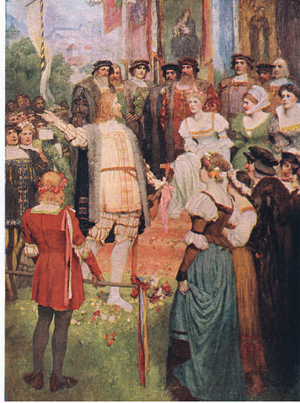 Walter began his song, illustration from The Stories of Wagner's Operas pub. by George Harrap & Co Ltd 1932 (colour litho)