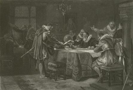 Henry Hudson receiving his commission from the Dutch East India Company, 1609 (engraving)