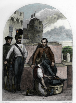Silvio Pellico is locked up the fortress of Spielberg in 1822. 1845 (engraving)