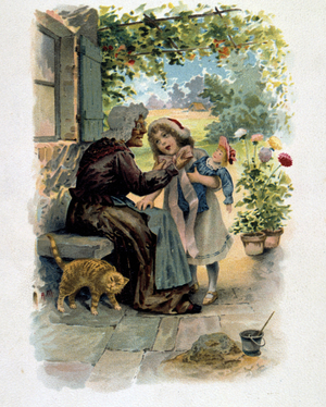 Little Red Riding Hood with her grandmother. French trade card c1900 illustrating the fairy tale by the French author Charles Perrault (1628-1703). Literature Juvenile Chromolithograph 