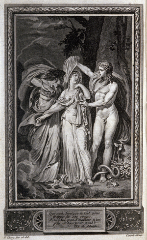 Literature. Justine. Frontispiece by P. Chery in: Justine, by the Marquis de Sade, Netherlands, 1791. (colour engraving)
