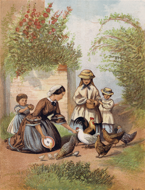 Feeding the Chickens (colour litho)