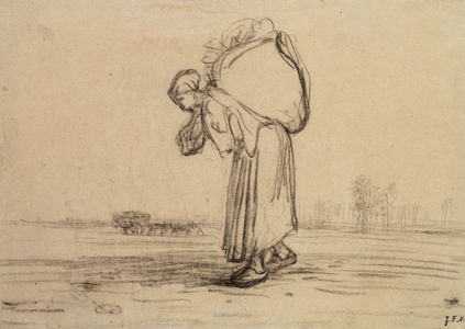 Woman carrying a sack on her back (black crayon on paper)