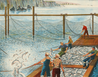 Salmon fishing in Canada (colour litho)