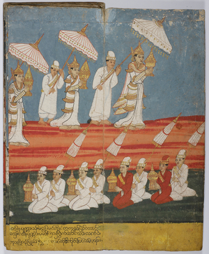 Division of Buddha's relics. The relics are divided and given to eight Kings (on left) and carried home (on right).