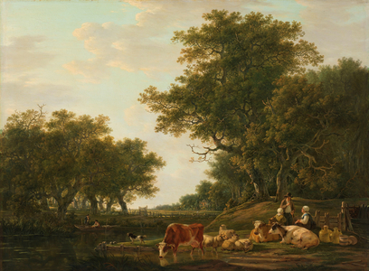 Landscape with Peasants with their Cattle and Anglers on the Water, 1800-1810 (oil on panel)