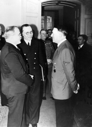 Germany: Soviet Foreign Minister Vyacheslav Molotov talking with Gustav Hilger (centre) and Adolf Hitler, Berlin, November 1940