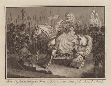 Queen Elizabeth I animating her Troops at Tilbury, on the threat of the Spanish Armada (engraving)