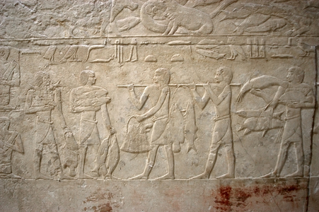 Carrying the fishing, Polychrome relief, Mastaba of Kagemni, Saqqara, Egypt