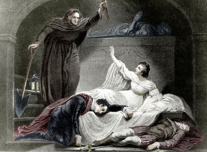 Romeo and Paris dead, Juliet and friar Laurence, illustration for play Romeo and Juliet by WilliamShakespeare, engraving after a painting by James Northcote (1746-1831) 1797 colorized document