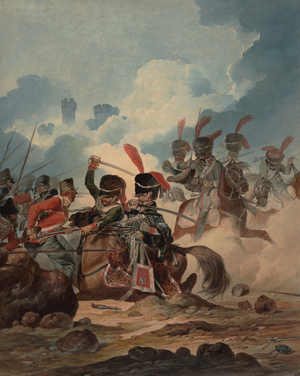 French Horse Artillery of the Guard attacked by British Infantry at the Battle of Waterloo, 1815 (w/c on paper)