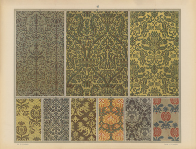 Page from Ornamente de Gewebe, 1874 – textile designs (colour litho)