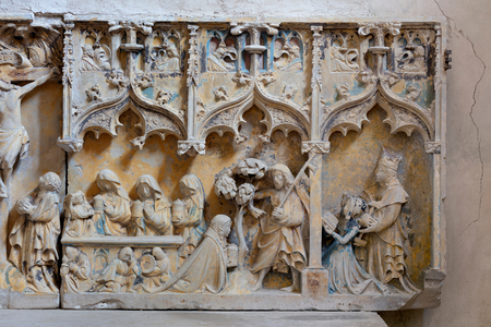 Eglise Saint-Etienne, Vignory, France. Altarpiece, 15th century, detail: Christ appearing to Magdalene, the Entombment (polychrome)