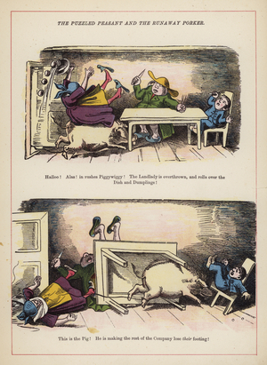 The Puzzled Peasant and the Runaway Porker (colour litho)