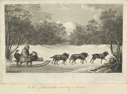 A man of Kamtschatka, travelling in winter'. Observed during Captain Cook's 3rd voyage. In 1779, Captain James Cook's Discovery and Resolution anchored in the bay of Petropavlovsk-Kamchatsky, following Cook's death.