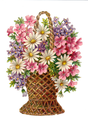 A Victorian Floral Paper Scrap Relief of daisy and violets in a wicker basket, c.1880 (colour litho)