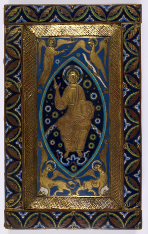[Front cover] A 15th-century German binding. In centre, a Limoges enamel of Christ in Majesty with symbols of the Evangelists, surrounded by a decorated border of stamped leather, and an outer border of decorated enamel