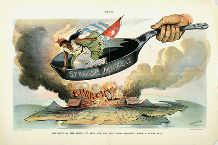 The Duty of the Hour: - To Save Her [Cuba] Not Only From Spain - But from a Worse Fate, 1898 (colour litho)