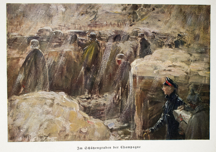 William, Crown Prince of Germany visiting the troops behind the lines in their trenches at Champagne pub. 1917 (colour lithograph)