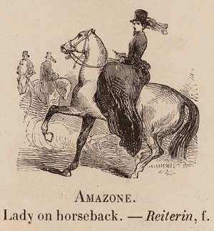 Le Vocabulaire Illustre: Amazone; Lady on horseback; Reiterin (engraving)